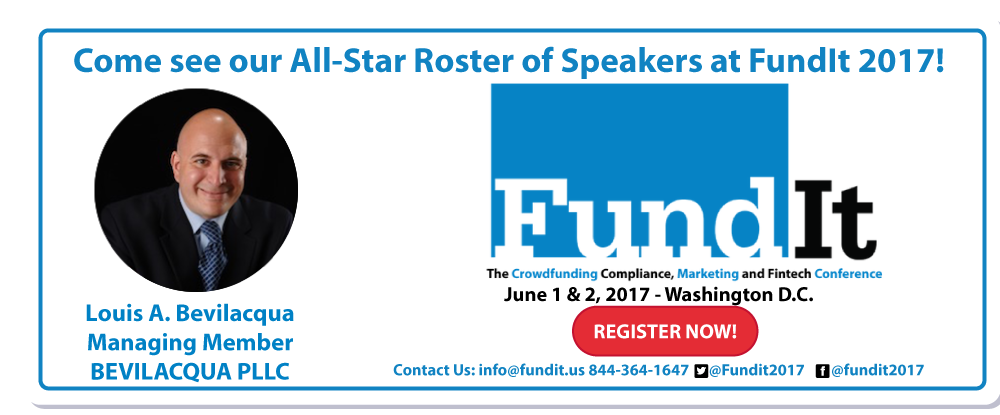loubevilacqua's tweet photo. BPLLC to speak at @Fundit2017 June 1 - 2, Liaison Capitol Hill in Washington DC! Use promo code 'bevilacquapllc' for 10% off! #fundit2017 https://t.co/DFKRdfnMLI