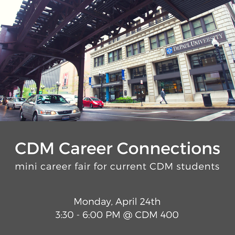 CDMDePaul's tweet photo. Mini career fair 4/24. Available opportunities include solutions architect, film interns, digital marketing interns. https://t.co/s3EMataNrn https://t.co/tYkfSIWPnR