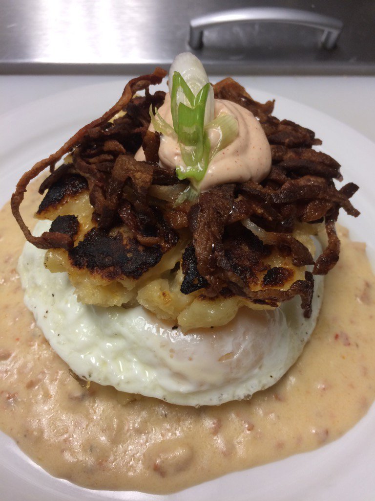StackedBistro's tweet photo. 420 cakes mac and cheese cakes eggs in the middle bacon on top in a pool of sausage gravy perfect way to end the day https://t.co/KBEkAzs54s