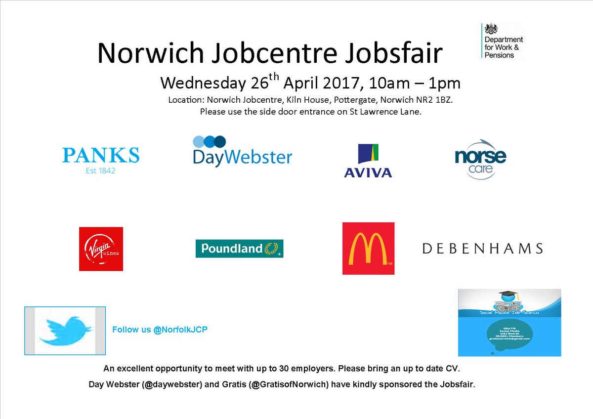 JCPInEastAndMid's tweet photo. Norwich Jobcentre is hosting a Jobsfair 26th April 10am - 1pm (St Lawrence Lane entrance) Meet approx 35 companies/organisations PRT https://t.co/sZZXK1zxoY