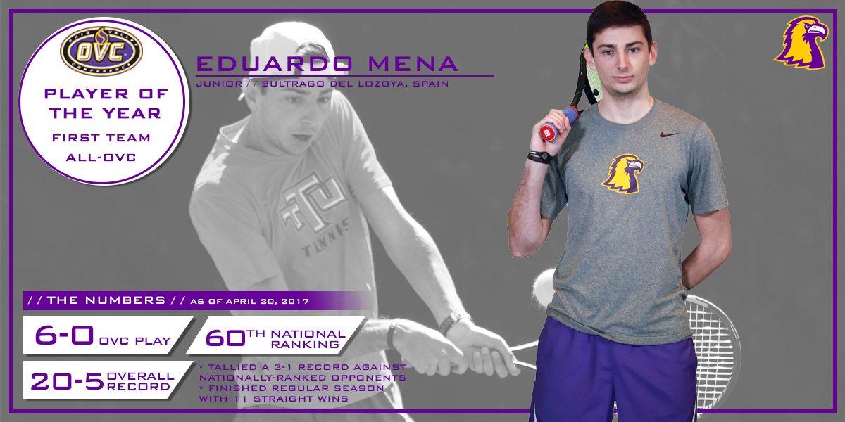 TTUGoldenEagles's tweet image. Congrats to Eduardo Mena on being named the @OVCSports  Men's Tennis Player of the Year &amp;amp; to the first team All-OVC! #WingsUp #TechTuff