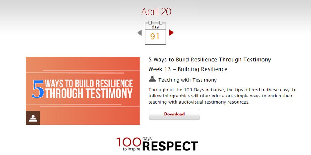 USCIWitness's tweet photo. Day 91 of #100Days4Respect Teach students a lesson on building resilience through testimony https://t.co/3iqiFtYI6y https://t.co/KZKhBxaWyw
