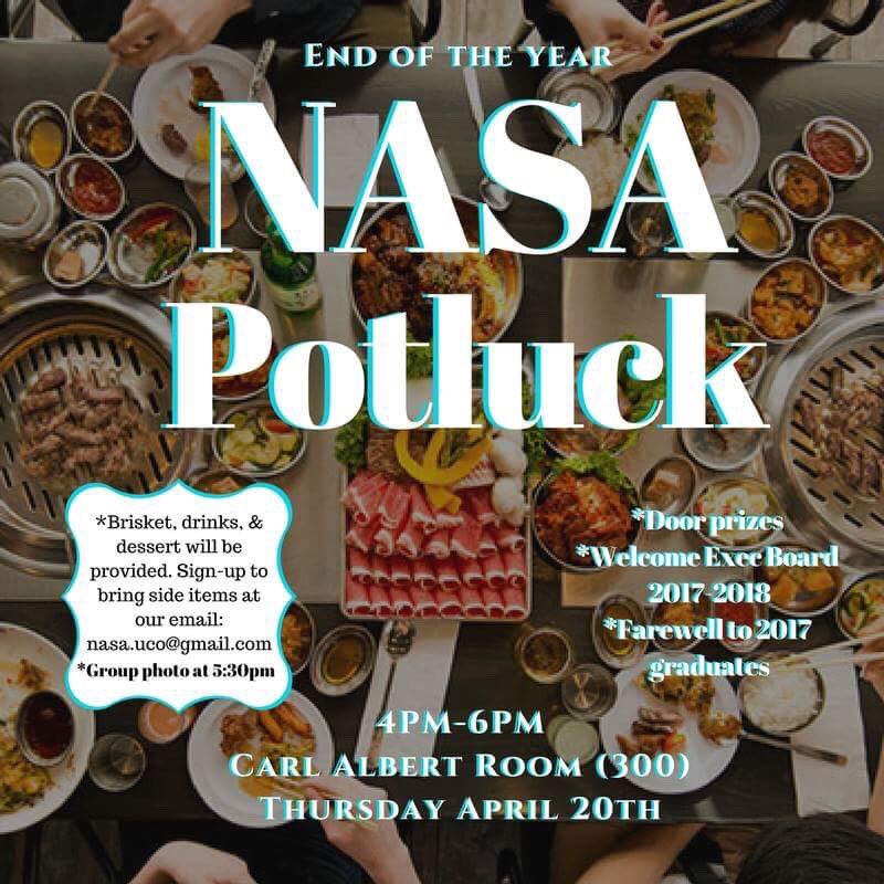TODAY is our end-of-year potluck! NUC Carl Albert room 300 from 4-6pm. We'll be providing food &amp; taking a group photo at 5:30! 😊