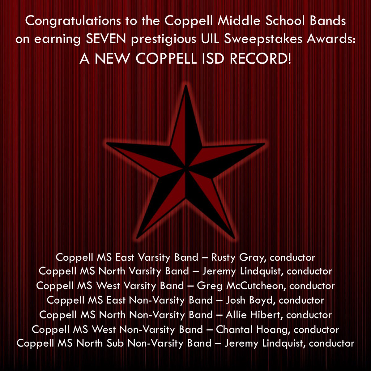 CoppellHSBand's tweet photo. Congratulations to ALL SEVEN Coppell Middle School Bands on earning the prestigious UIL Sweepstakes Award. This is a NEW RECORD for CISD! https://t.co/AooeYH2Hov