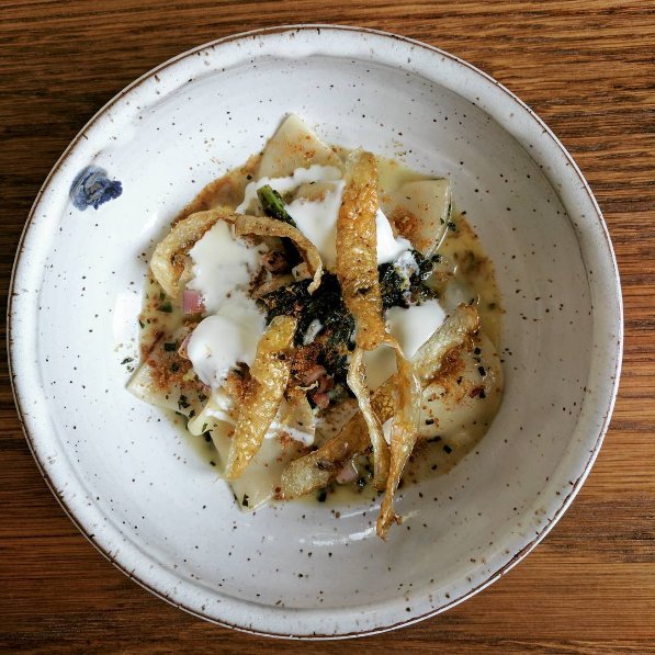 theanchoragegvl's tweet photo. New on the menu tonight: Potato Pierogies, Ramps, Creme Fraiche, Country Ham, Crispy Potato Skins #yeahthatgreenville #gvltoday https://t.co/uZ2VHSWDB8