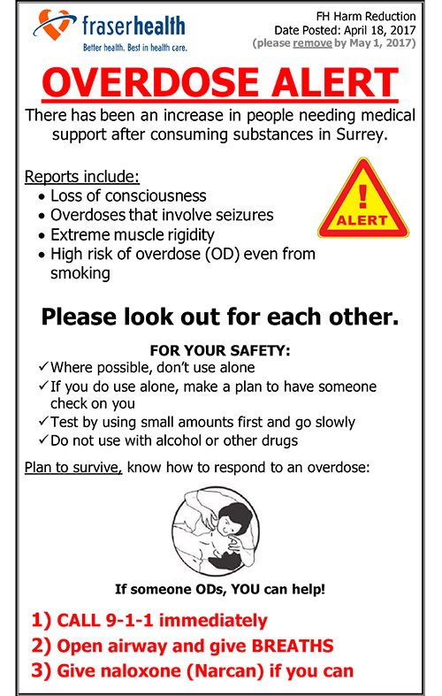 Increase in overdoses seen in #SurreyBC this week. Know the signs of an overdose &amp; get a naloxone kit: fraserhealth.ca/overdose