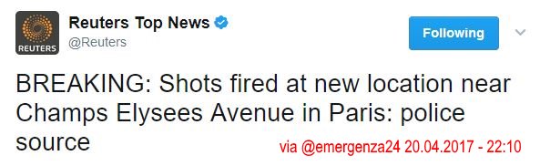 BREAKING [20.04-22:10] #ChampsElysees #Paris #Parigi #Francia Reuters: UDITI ALTRI SPARI dopo attacco polizia +1 morto +1 #ferito