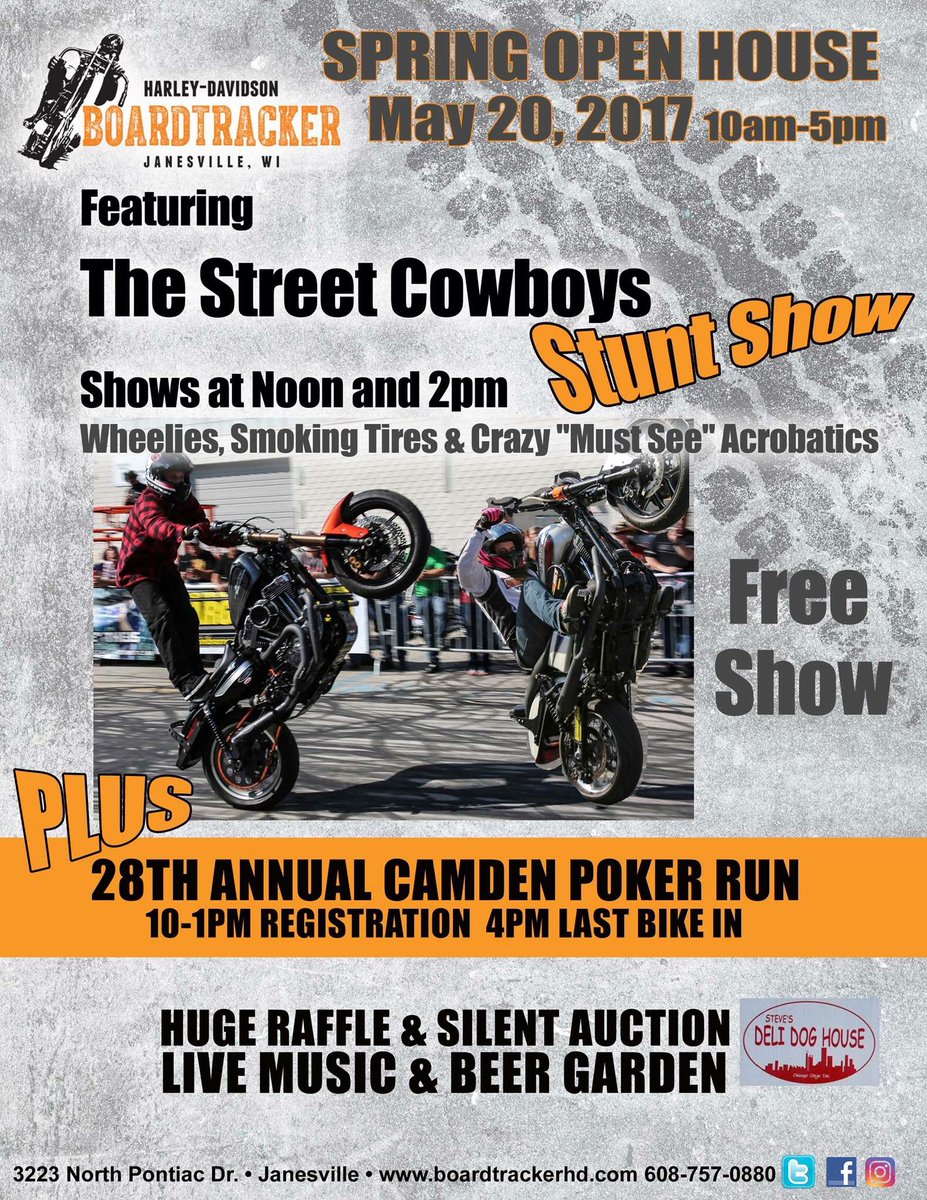 BoardtrackerHD's tweet photo. Spring Open House May 20th! Street Cowboys Stunt Show, live music, raffles, beer garden, Steves Deli Dog House &amp; Camden Poker Run!🎉🌭🎼🎟 https://t.co/NW6Dsdg8Mv