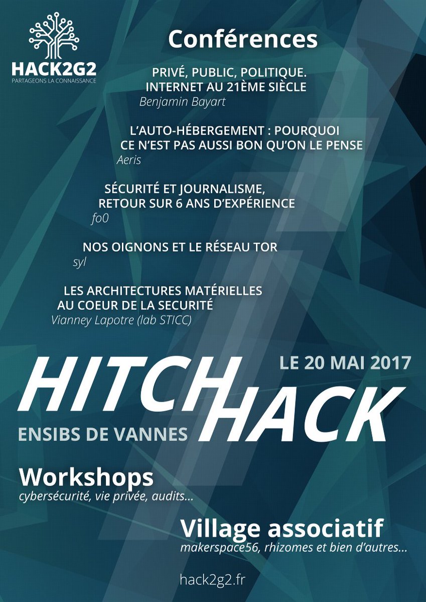 hack2g2's tweet photo. Sam. 20 mai,Hack2g2 organise sa #HitchHack ! au prog : conférences, workshops et village associatif ! + de détails : https://t.co/nbHKzqn3CP https://t.co/q9isN8Fdsp
