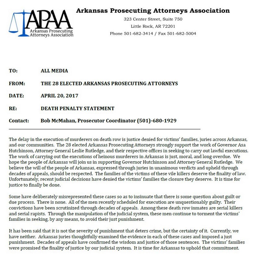 AR Prosecuting Attorneys Association believe it is time for justice to be done. Fully support <a href="/AsaHutchinson/">Gov. Asa Hutchinson</a> &amp; @AGRutledge on #ARexecutions.