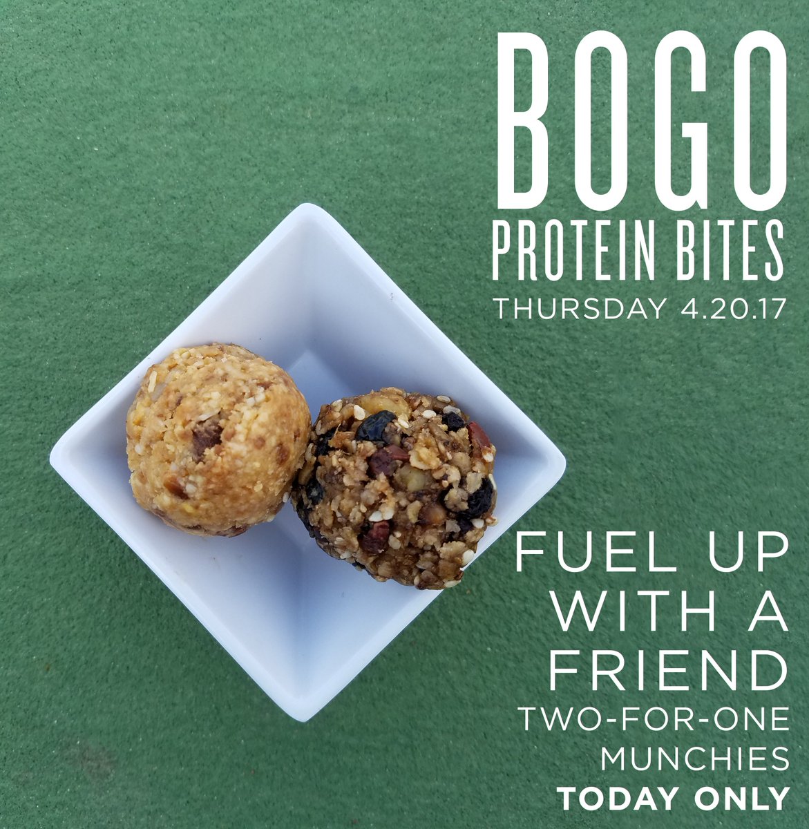 What better day to share some deliciously healthy fuel than today? Stop by the Earthbar and get 2 for 1 protein bites. #happy420 #munchies