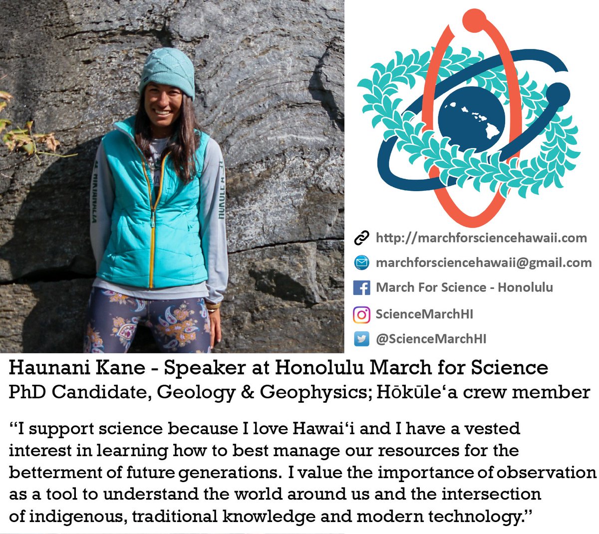 ScienceMarchHI's tweet photo. In 2-days, we honor are #ScienceMarch speakers &amp; #whytheymarch - Haunani Kane. Show your support for #science 22 April 3-6pm @uhmanoanews https://t.co/x79sAyx3GB
