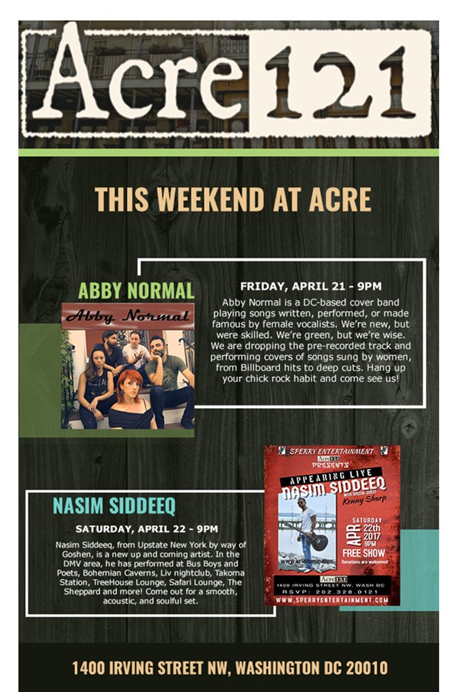 Musical Guests this Week at Acre bit.ly/2ovL1OL