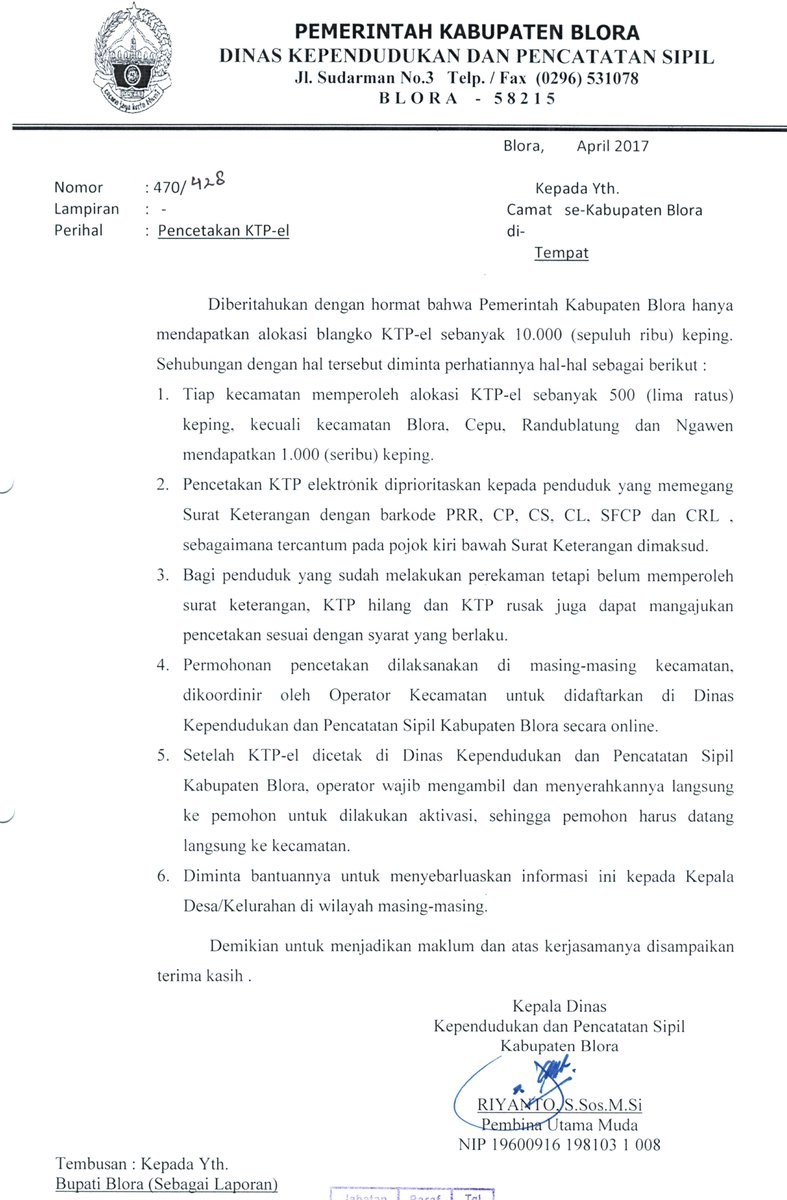Pemberitahuan Pencetakan KTP-el di Kabupaten Blora (April 2017)