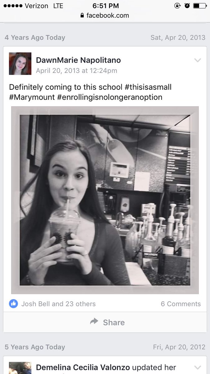 DawnMarieNap's tweet photo. 4 years ago today I decided to go to Marymount based on the size of the coffee 😂 now they changed it to a Starbucks so I'm leaving https://t.co/nf2XHtMST0