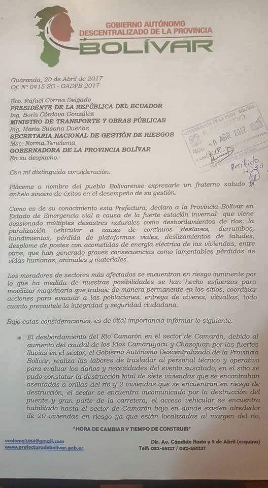 VinicioColomaR's tweet photo. Hemos solicitado la declaratoria de emergencia en la Provincia Bolívar @MashiRafael @susana_du @Boris_CordovaG esperamos ser atendidos https://t.co/ikbREM1PAV