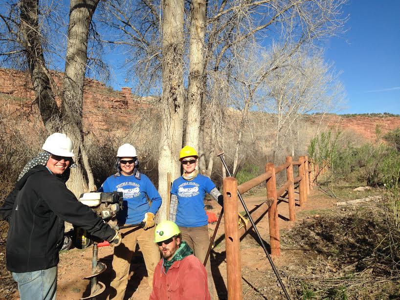 BLM_CO's tweet photo. At it again w @WCCCPartners in #McInnisCanyons NCA! Building fence & removing tamarisk along #RubyHorsethief stretch of #Colorado River. https://t.co/pz5uTqYa9Y