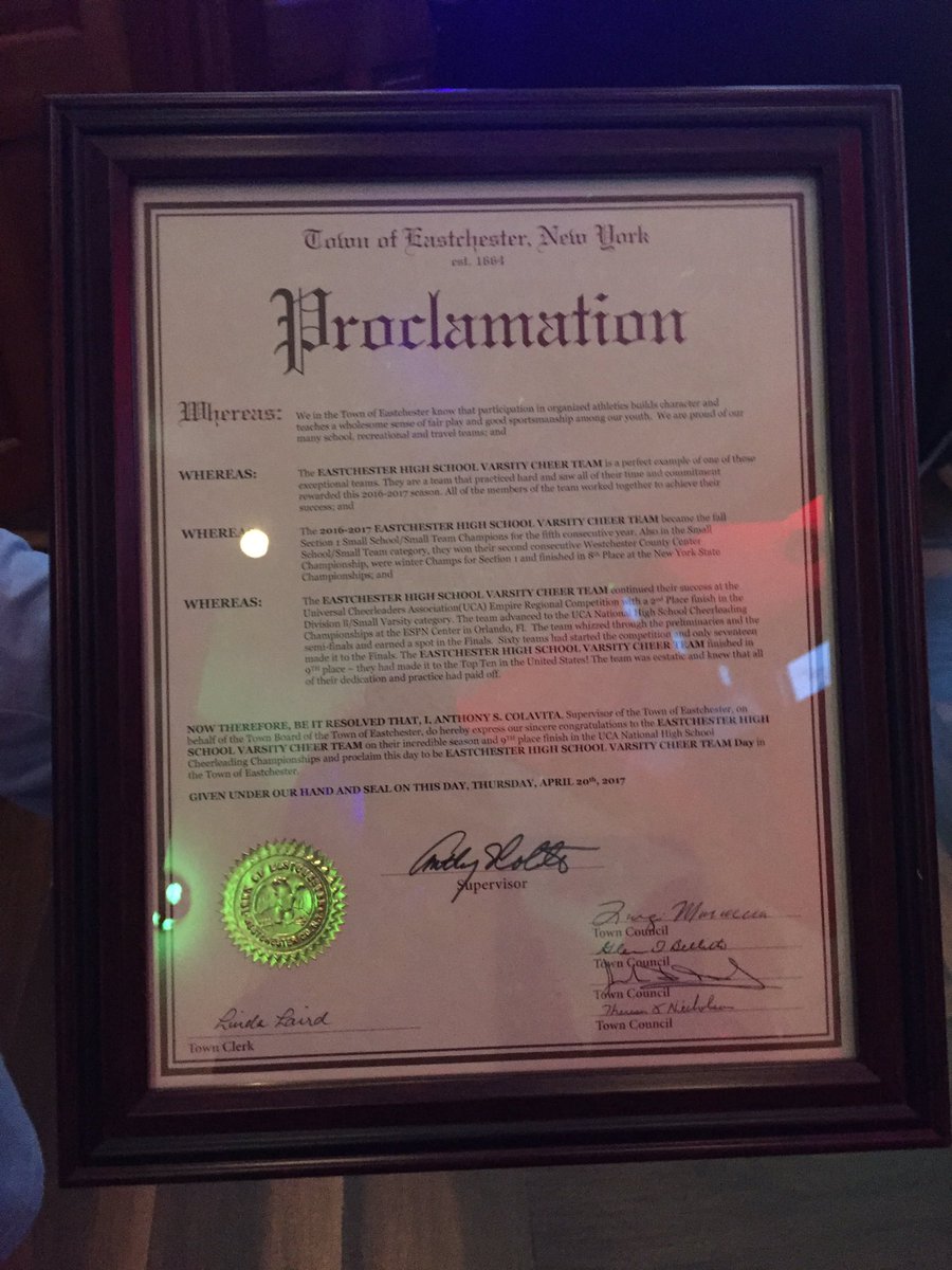 SRLwithlove's tweet photo. Tony Colavita, Town Supervisor, declared April 20th, EHS Varsity Cheer Team Day the Eastchester Town Supervisor @Eagle___Nation @WynneEMS https://t.co/Ga28iJNhSe