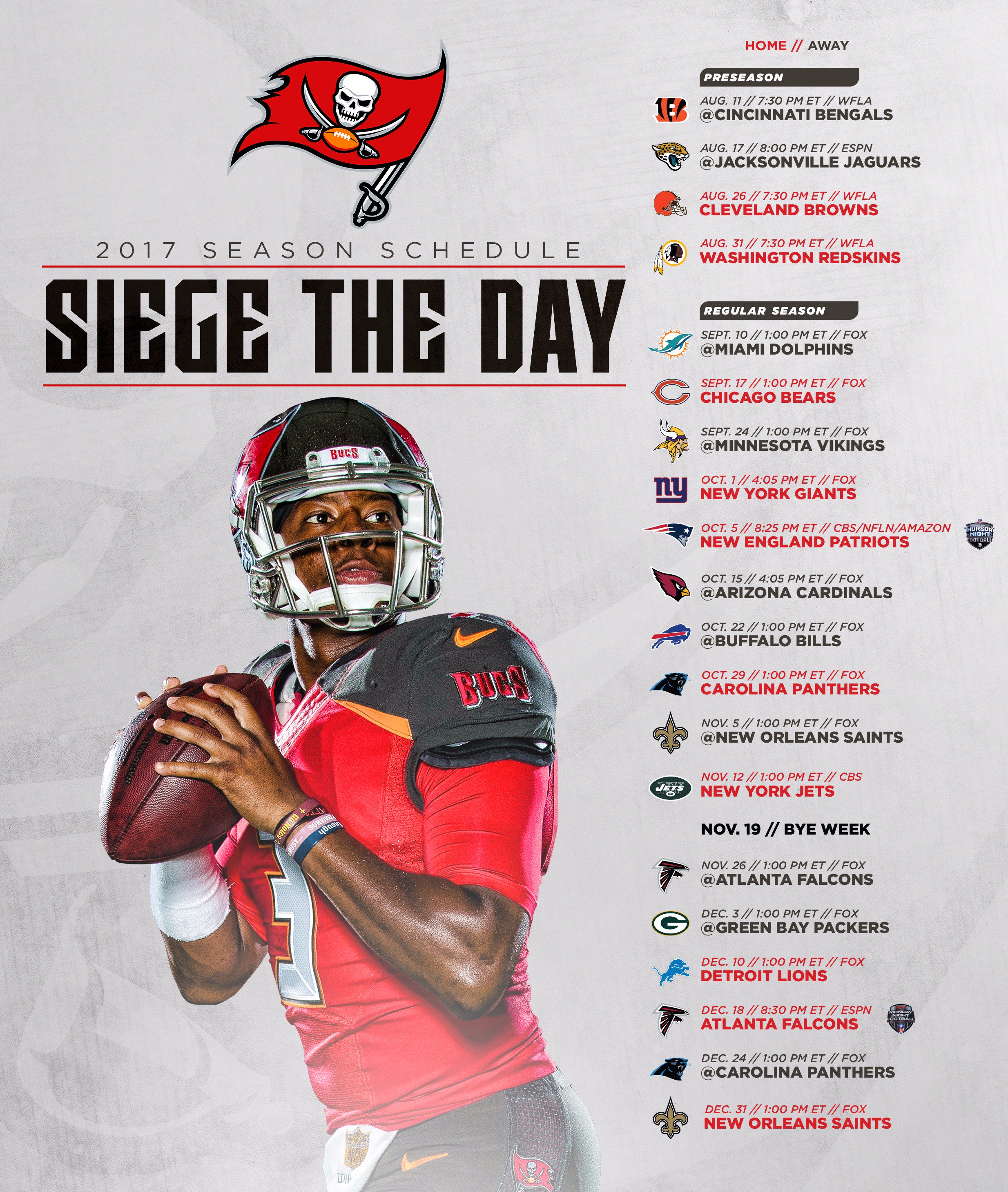 Tampa Bay Buccaneers on X: '#SiegetheDay! The 2017 #Bucs schedule is HERE!  READ MORE:  Become a Season Pass Member:    / X
