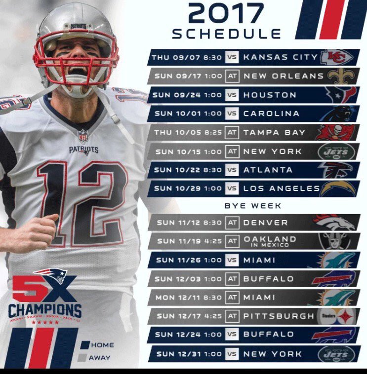 TomBradyEgo's tweet photo. Patriots 2017 schedule #blitzfor6 https://t.co/SJtaob48Pr