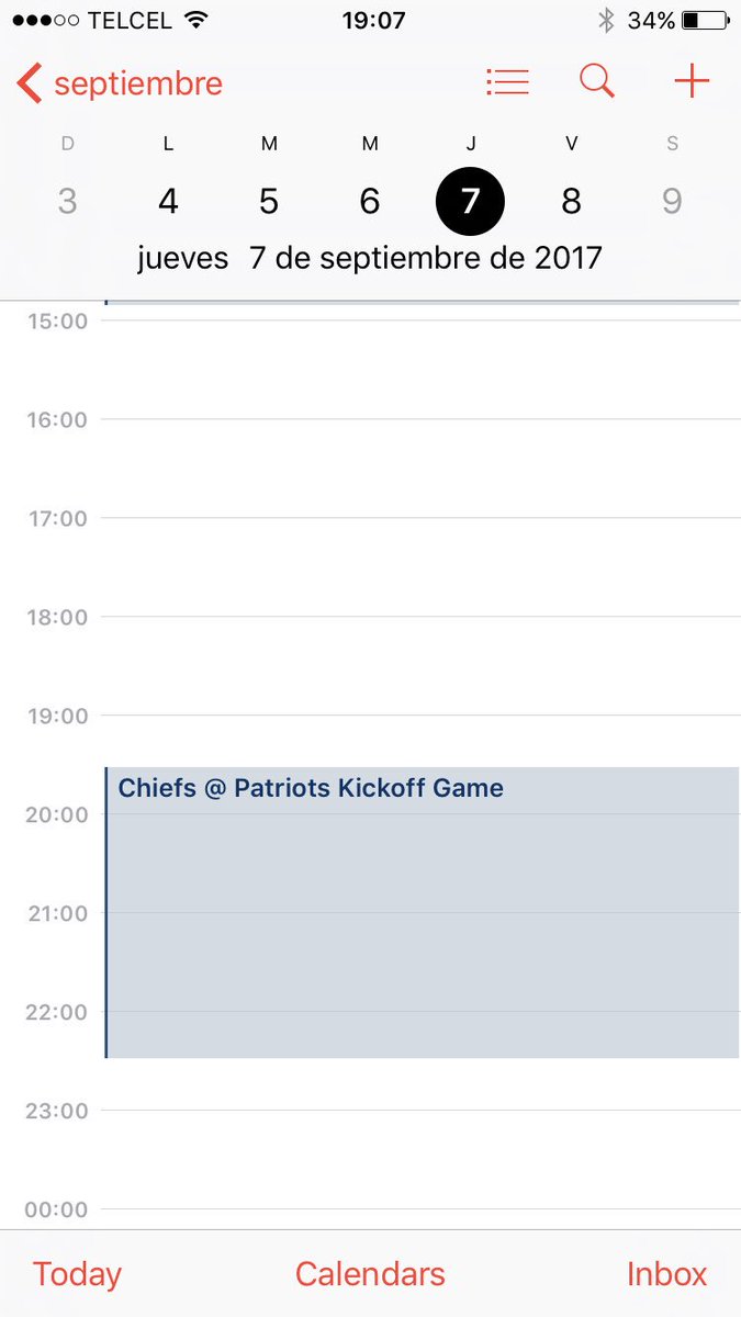 DanyLimonMX's tweet photo. Así se ve ya mi calendario del 7 de septiembre #kickoffgame #KCvsNE @Chiefs @Patriots #NFLSchedule #rivalidadmarital https://t.co/BUdPCSHpAU