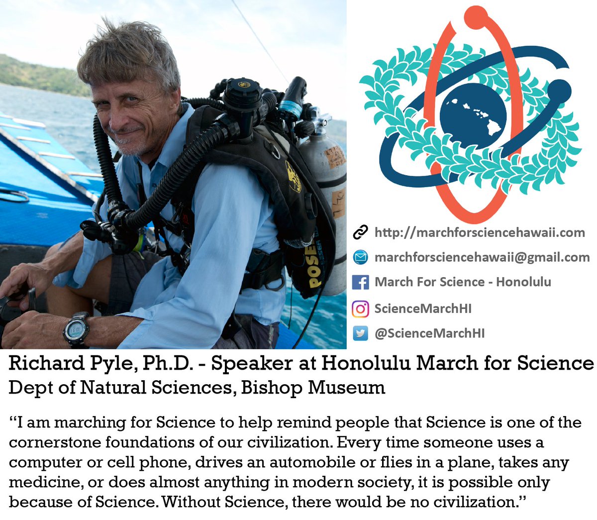 ScienceMarchHI's tweet photo. In 2-days, we honor are #ScienceMarch speakers &amp; #whytheymarch - Richard Pyle, @bishopmuseum. Because #science! 22 April 3-6pm @uhmanoanews https://t.co/qOdcPSURBB