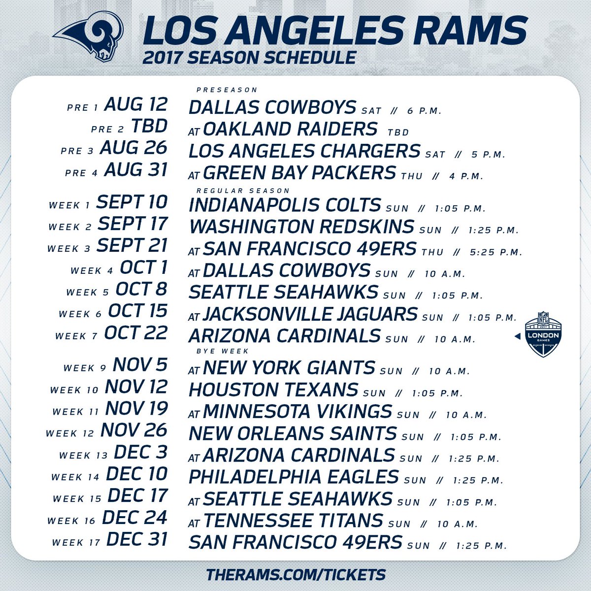 RamsNFL's tweet photo. Full #Rams 2017 Schedule

📰 » https://t.co/koBC0poPpr https://t.co/WhTfBqvyDz