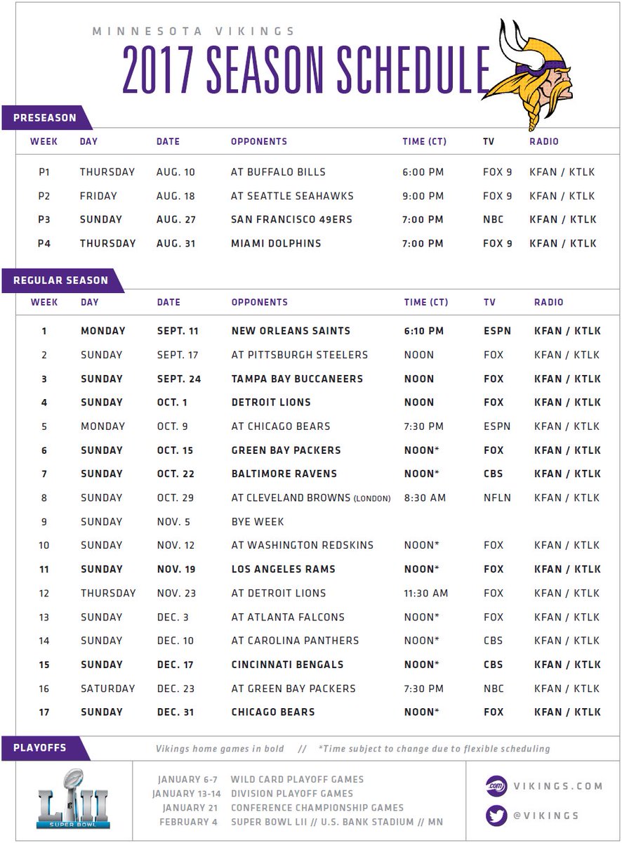 DawnAtFOX9's tweet photo. Here you go Vikings fans:  2017 schedule https://t.co/HJnTLZkZO0