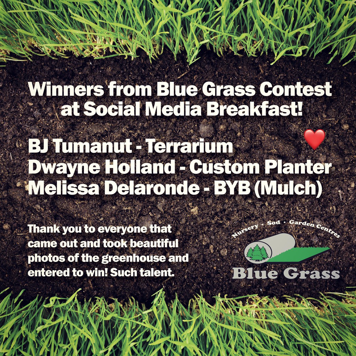 bluegrassrd's tweet image. Here are the winners of a Blue Grass Terrarium, Custom Planter & Big Yellow Bag of mulch! Thanks to each person that attended today! #smbrd