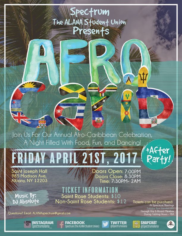 SpectrumALANA's tweet photo. 🔥🔥 Afro-Carib is tomorrow night! Join us as we celebrate Afro-Caribbean Culture! 💃🏾🇯🇲🇧🇸🇹🇹🇨🇺🇦🇬 #Albanyevents #AfroCarib https://t.co/LbyZpcfNN0