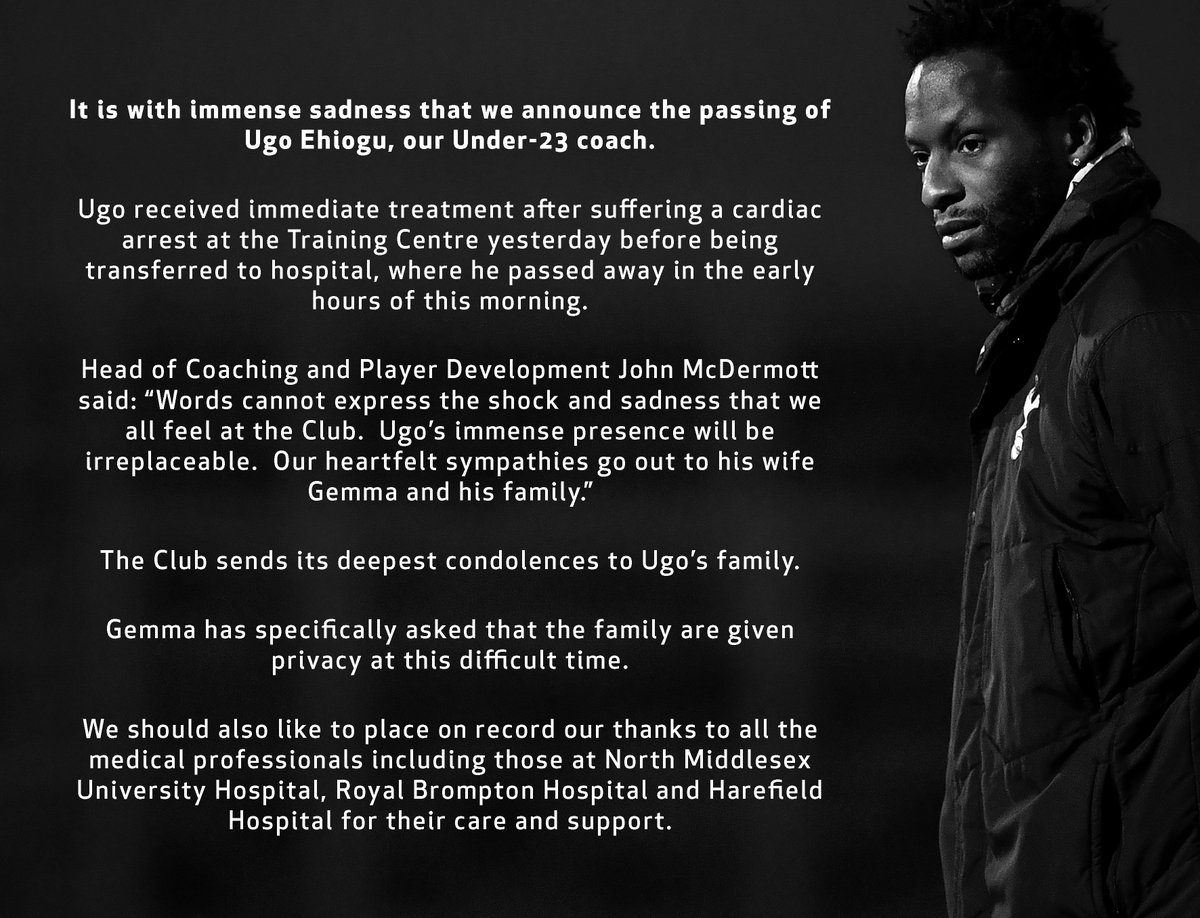 It is with immense sadness that we announce the passing of Ugo Ehiogu, our Under-23 coach.