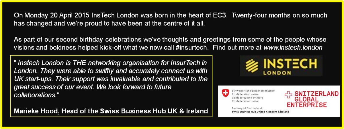InsTech_London's tweet photo. Thanks Marieke of @SwissEmbassyUK for the msg to celebrate @InsTech_London's 2nd birthday #instech2years #insurtech https://t.co/SACcpTlSWg https://t.co/v6TMShyhOE