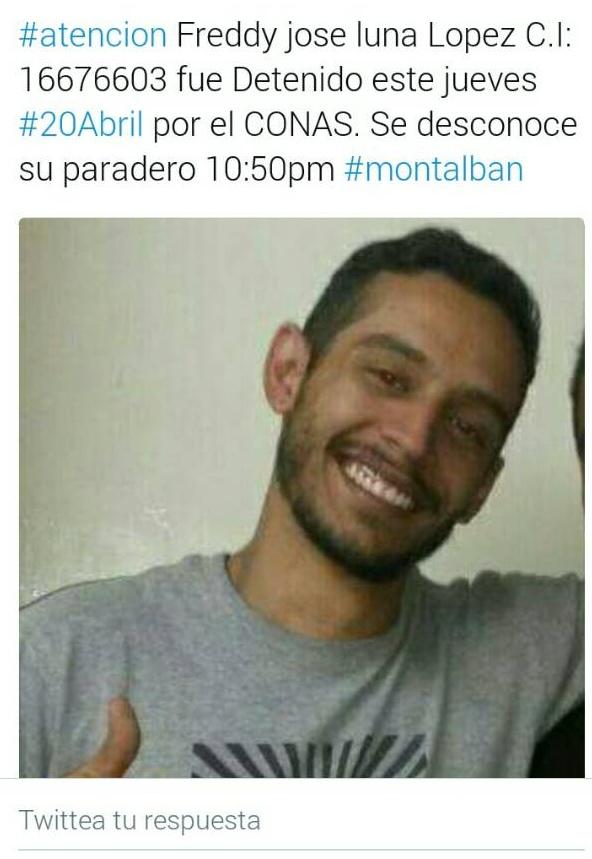 Yohanamarra's tweet photo. A Freddy Luna lo detuvieron entre 2-3 pm en Montalbán 3. Familiares lo han buscado en comandancias de El Paraíso, El Valle y la Cota 905 https://t.co/j5SaDBTheU