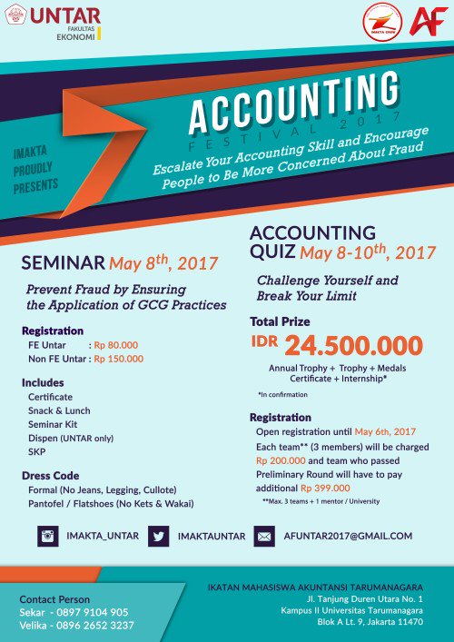 | <a href="/ImaktaUntar/">IMAKTA UNTAR</a> mengadakan Accounting Festival 2017. Pendaftaran Seminar &amp; Lomba, Pameran Sponsor, Hub: 0897 9104 905