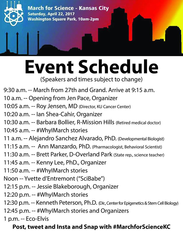 scienceinkc's tweet photo. Here's the schedule of stage events on Saturday, including our guest speakers. More march/rally details coming later today! https://t.co/iqAo5jRQv2