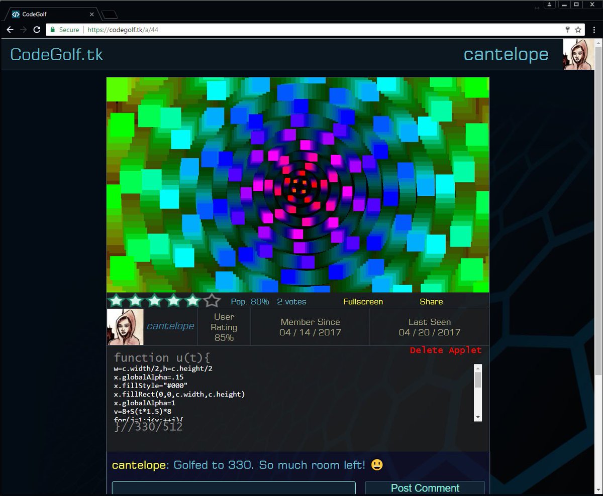 c4ntelope's tweet photo. New JavaScript golf site is now in beta. All known bugs have been fixed, but shout out if you notice any. https://t.co/l3vn8hsgtl <3 https://t.co/ozqgjY9BKF