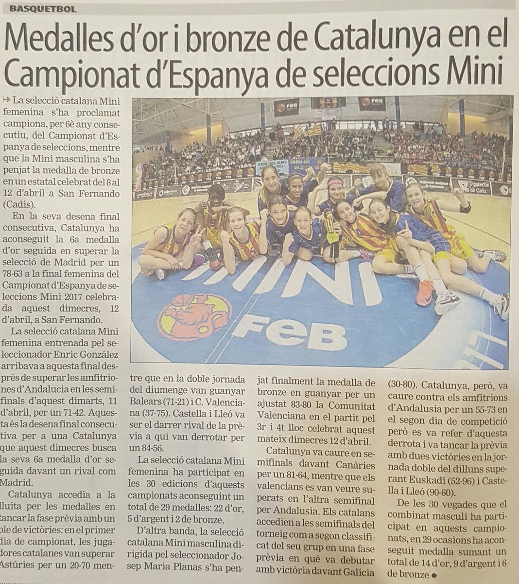 FemSantAdria's tweet photo. L'OR de Catalunya al #PlanetaMini17 amb les nostres 4 LILES, protagonista a l'edició de paper (pàgina 42) del @mundodeportivo d'avui. https://t.co/JTye9TOCXt