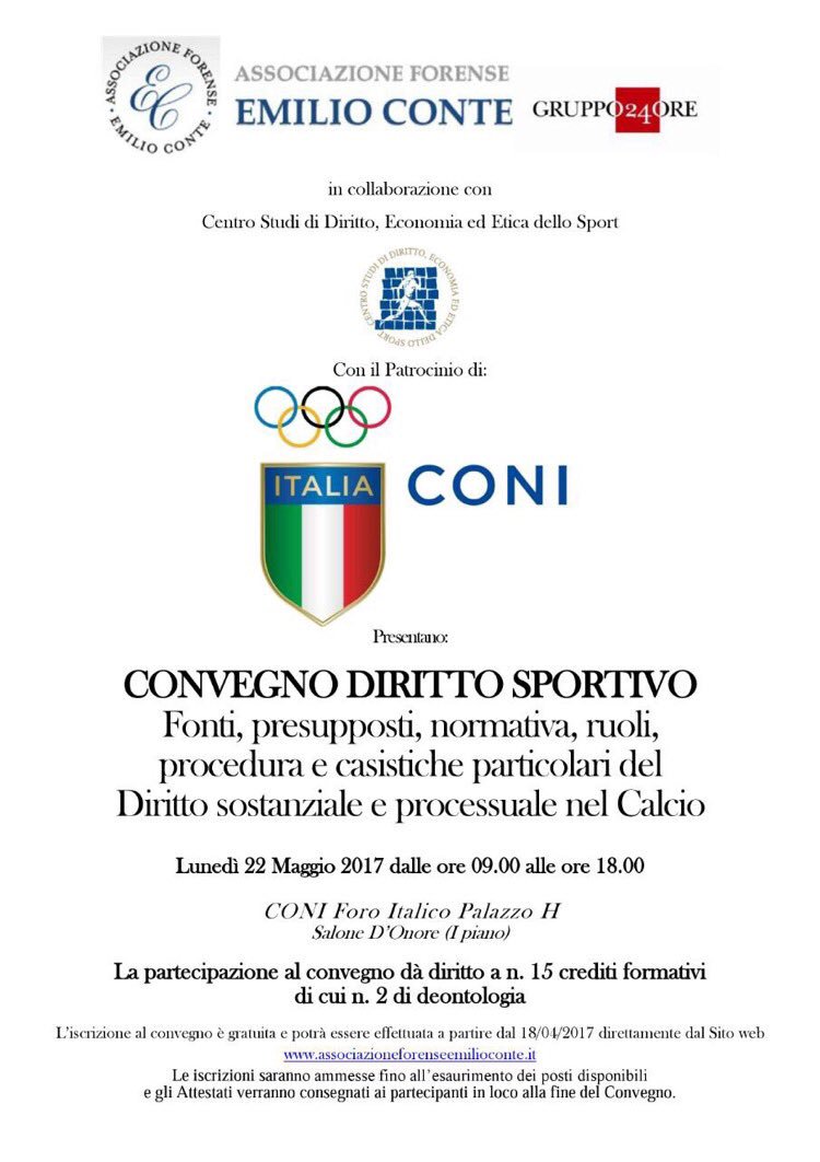 Evento DIRITTO SPORTIVO <a href="/AssEConte/">Associazione EConte</a> 22 Maggio <a href="/Coninews/">CONI</a>  15 crediti formativi FULL DAY❗️
<a href="/69cristina/">Cristina Fasciotti</a> <a href="/marcodefazi/">marco de fazi</a> <a href="/AvvCNicolais/">Claudio Nicolais</a> <a href="/leonardov80/">leonardo vecchione</a>