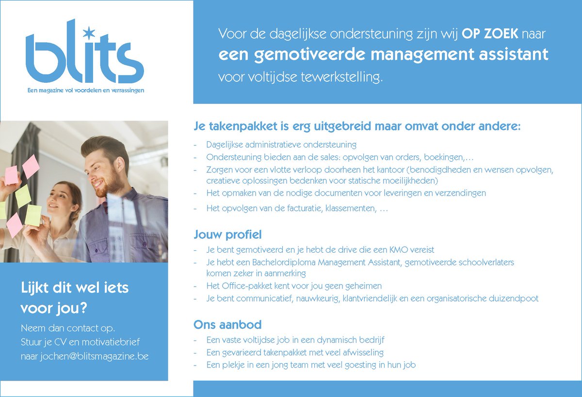 BlitsMagazine's tweet photo. We zoeken bij @BlitsMagazine een management assistant! Stuur CV en motivatie naar jochen@blitsmagazine.be #blitsmagazine #vacature #ieper https://t.co/9cEqL0VvlT