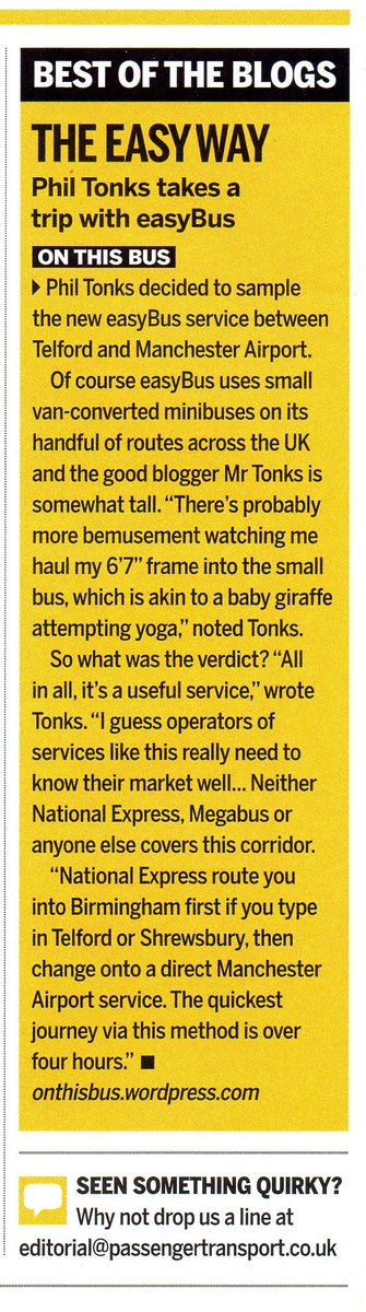 PhilTonks2's tweet image. Nice little plug for my OnThisBus blog in the current edition of @passtrans mag :-) #babygiraffe #yoga #easybus