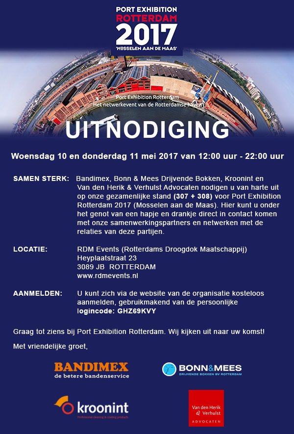 10 &amp; 11 mei staat we op de beurs Port Exhibition Rotterdam. U kunt zich opgeven en gratis de entreekaart downloaden: registration.portexrotterdam.com/nl/login