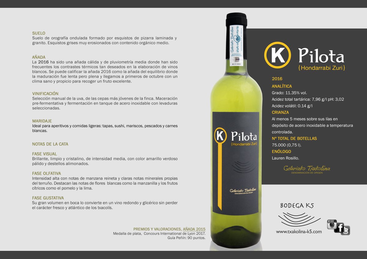 🎊¡Nueva cosecha 2016 de K Pilota, ya a la venta!🎊
#bodegaK5 #txakolina #getariakotxakolina