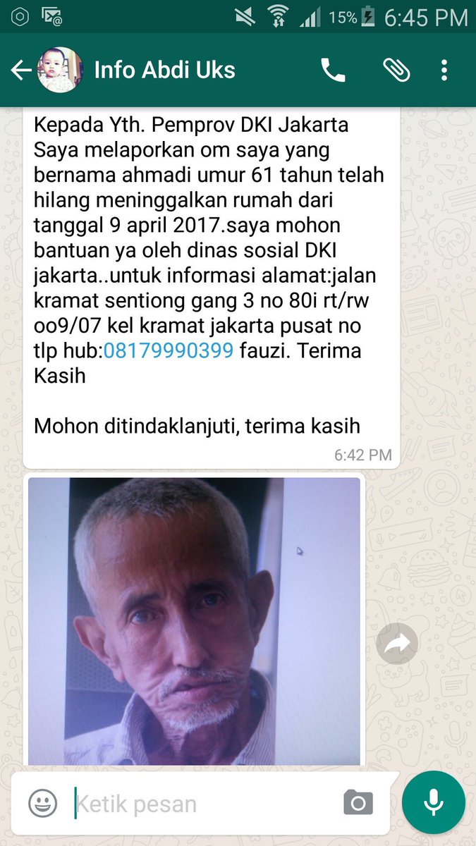 TMCPoldaMetro's tweet photo. Info orang hilang lansia dimensia atas nama Bapak Ahmadi usia 61 tahun. Melihat/menemukan mhn hub: @DinsosDKI1 08179990399 https://t.co/o4mg5XkoeK