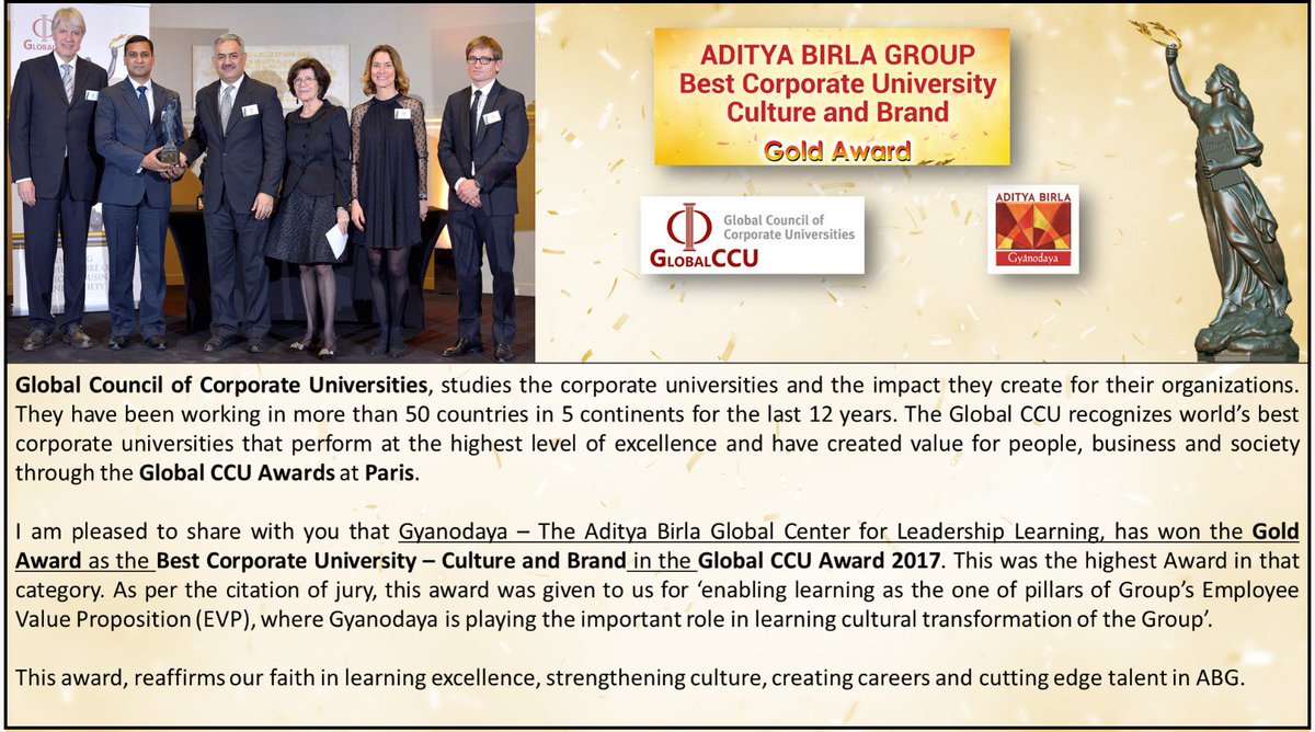 SinghNeelmani's tweet photo. Gyanodaya @AdityaBirlaGrp  gets Gold from @GlobalCCU  as the best #Corporate #University​ - #Culture and #Brand @Paris.
#AdityaBirlaGroup https://t.co/3y0QIwRvP9