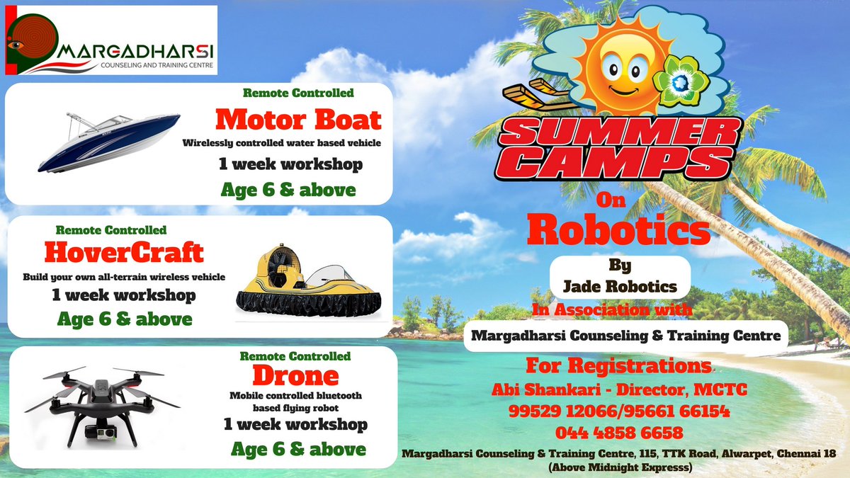 margadharsi's tweet photo. Hurry up &amp; register yourselves for an unforgettable summer experience! Call 99529 12066 #summer #Chennai #summeractivities #robotics #drone https://t.co/c5uRODJpqh