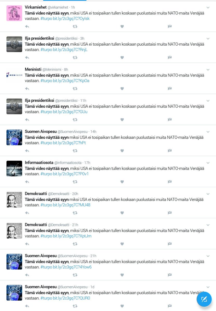 a7_FIN_SWE's tweet photo. Anti-NATO botnet in Finnish keeps on repeating same Anti-NATO message &amp; randomly follow ppl to get followers, then unfollow #turpo #säkpol https://t.co/DVVw3jhzCj