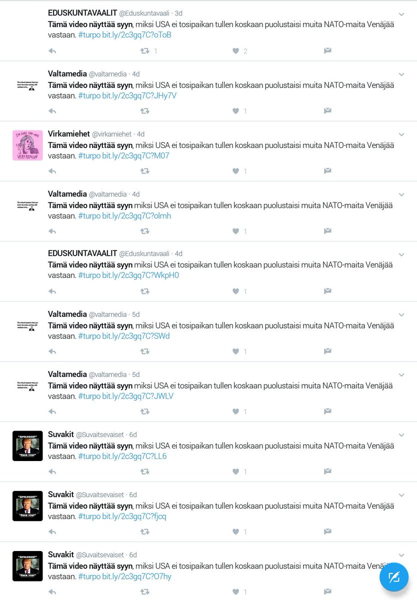 a7_FIN_SWE's tweet photo. Anti-NATO botnet in Finnish keeps on repeating same Anti-NATO message &amp; randomly follow ppl to get followers, then unfollow #turpo #säkpol https://t.co/DVVw3jhzCj