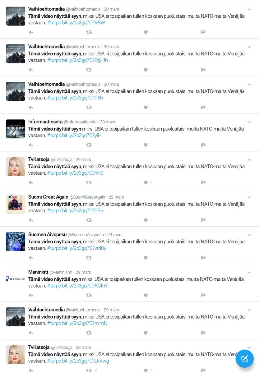 a7_FIN_SWE's tweet photo. Anti-NATO botnet in Finnish keeps on repeating same Anti-NATO message &amp; randomly follow ppl to get followers, then unfollow #turpo #säkpol https://t.co/DVVw3jhzCj
