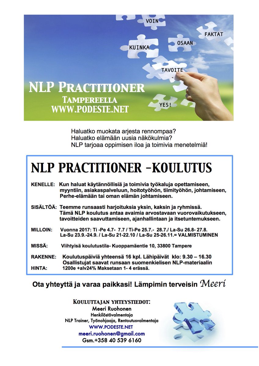 PODESTEcoaching's tweet photo. Oppimisen ILOA ja toimivia menetelmiä työelämään! NLP koulutus Tampereella. Esite &amp; infoa: https://t.co/xEojEpTEkr   Tule mukaan! T Meeri https://t.co/WAkUeKbvWg