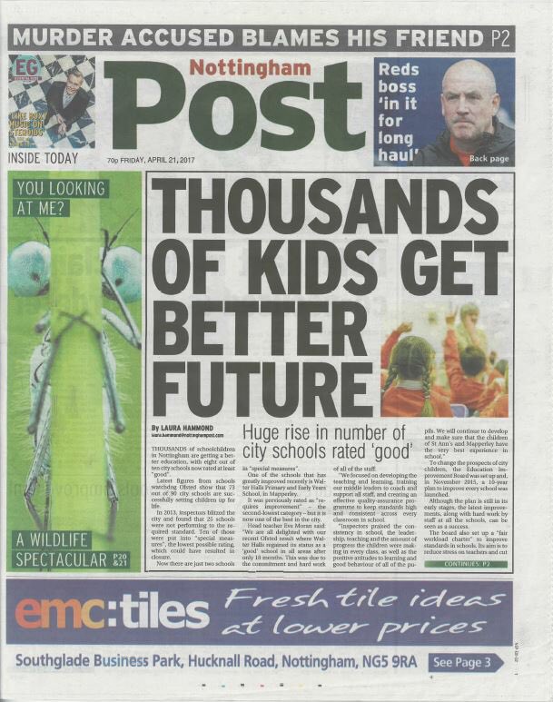 SamInNotts's tweet photo. Cracking positive front page on @Nottingham_Post today. Nottingham's teachers, parents, council staff &amp; pupils rightly proud of improvements https://t.co/ni2xOpbOzd